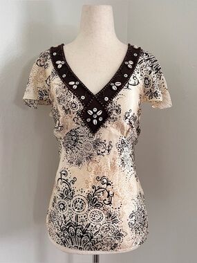 Vintage Y2K Nine West Silk Babydoll Top Ivory Brown Sequins Seashells // size 6